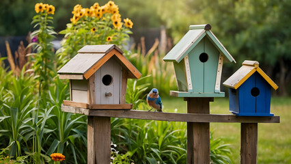 Curious Birds Exploring Birdhouses in a Garden, Plenty of Room for Text
