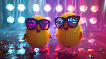 Cute little chicks with sunglasses on the background of luminous garlands dancing at a disco party. 