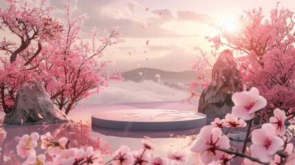 spring landscape with sakura, 3d podium easter, Podium background cherry blossom flowers, easter kawaii spring summer background podium