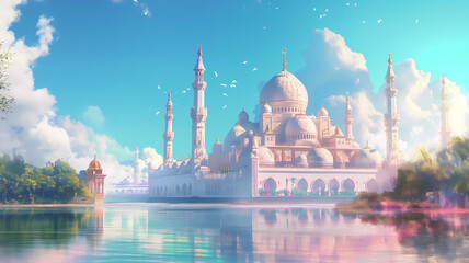 Fototapeta premium Mosque wallpaper by the river in a bright and happy atmosphere