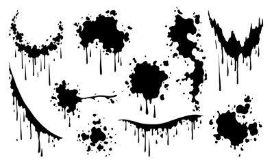 Blood splashes and splatters. Black paint spot drip, drop or stain blot, patch, liquid texture. Abstract grunge dirty mark  cartoon illustration