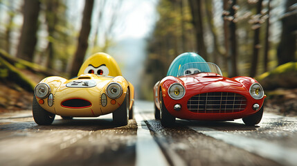 Two funny easter chicks driving sports car, front view. Closeup of cars with eggs on the road in the spring forest. - obrazy, fototapety, plakaty