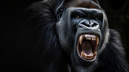 Mountain gorilla portrait with teeth showing.