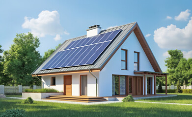 modern house building with solar panel, concept of Sustainable Energy Efficient Home - 738093929
