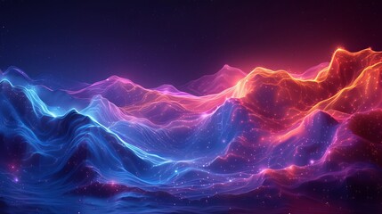 abstract red and blue wavy background with glowing particles - obrazy, fototapety, plakaty