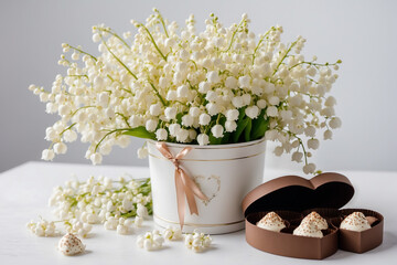 a bouquet of lilies of the valley lies next to a box of chocolates