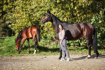 Horse foal with mare and owner woman on the riding arena.