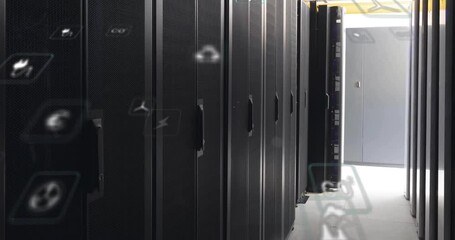 Animation of eco icons and digital data processing over computer servers - Powered by Adobe