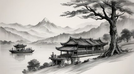 Japanese temple scenery in Pencil drawing style