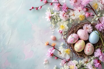 Easter eggs nestled in a flowerfilled nest on a table