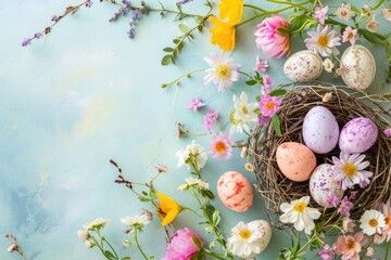 Flowers and Easter eggs nestled among petals and twigs on a blue background