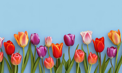 Colorful blooming tulips border banner on blue background