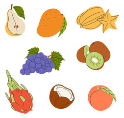 Set of tropical fruits. Healthy exotic food. Natural fresh exotic vitamin. Pear, peach, grapes, kiwi, coconut, mango.