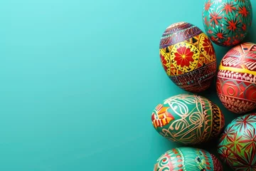 Foto op Plexiglas A bunch of vibrant Easter eggs on a background of electric blue © Anna