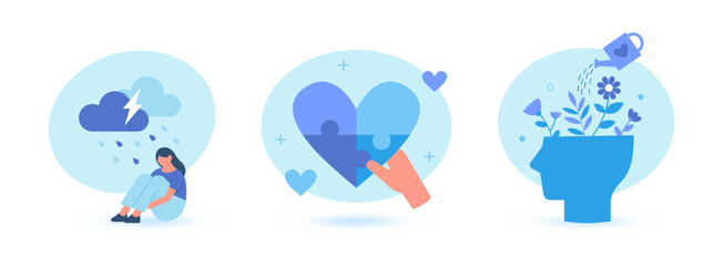 Mental health and psychotherapy concept illustration. Collections of therapy against depression and other problems to embracing mental wellbeing. Vector illustrations set.