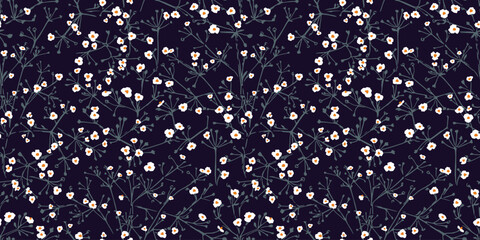 Blossoms tiny abstract ditsy flowers with flat branches seamless pattern on a dark black background. Vector hand drawn sketch. Creative floral drops polka dots printing.Template for design, collage © incarnadine