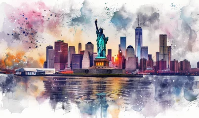 Glasbilder Aquarellmalerei Wolkenkratzer Watercolor The Statue of Liberty over the Scene of New york cityscape river side which location is lower manhattan,Architecture and building with tourist concept