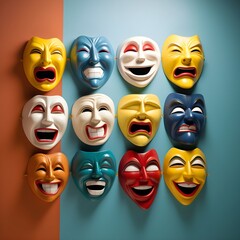 This thought-provoking collection showcases masks in varying shades, from dark to bright, representing the emotional rollercoaster from depression to overwhelming happiness