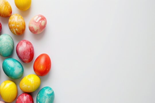 a bunch of colorful easter eggs on a white background