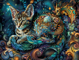Create a captivating background using vibrant colors and intricate details enhancing the fusion art piece featuring both a cat and a dragon