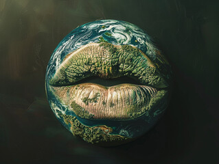 Create a mesmerizing illustration of Earths landscapes seamlessly merging with a pair of luscious lips