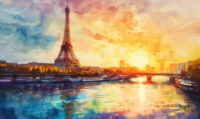 Watercolor The main attraction of Paris and all of Europe is the Eiffel tower in the rays of the setting sun on the bank of Seine river - obrazy, fototapety, plakaty