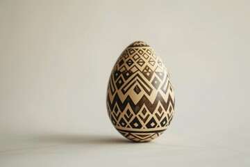 Easter egg adorned with geometric pattern on white wooden surface