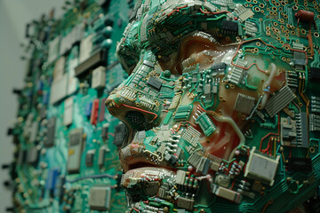 Fototapeta premium Create a one of a kind artistic representation of the fusion between a circuit board and a human face emphasizing their symbiotic relationship