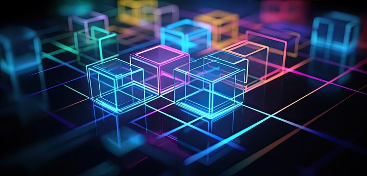 Colorful image of squares with colored lights in the dark, modern digital abstract 3D background. Copy space.