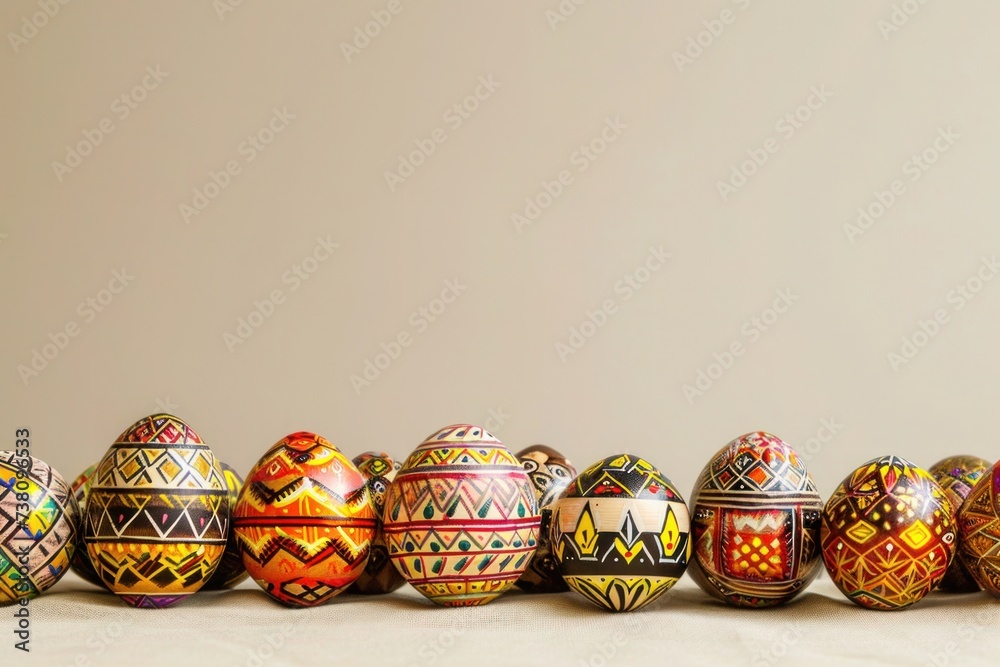 Wall mural a row of colorful easter eggs are lined up on a table