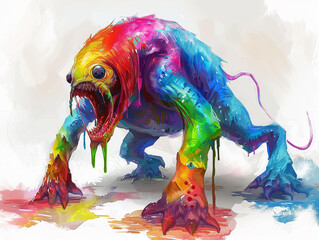 Create a vivid and unique illustration of a grotesque creature with a rainbow colored body - obrazy, fototapety, plakaty