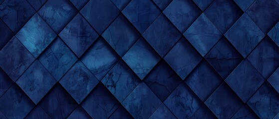 Abstract dark blue colored 3d vintage worn shabby lozenge diamond rue motif tiles stone concrete cement marbled stone wall texture wallpaper background banner panorama