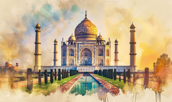 Watercolor Taj Mahal, Agra, Uttar Pradesh, India, sunny day view