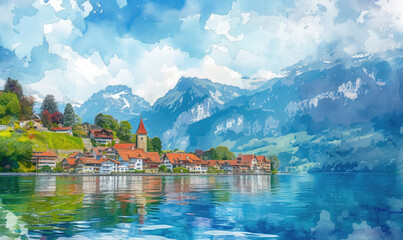 Fototapeta na wymiar Watercolor village Weggis, lake Lucerne , Pilatus mountain and Swiss Alps in the background near famous Lucerne city, Switzerland