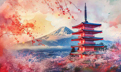 Watercolor Chureito Pagoda with Fuji Mountain Background in Sakura Spring Festival at Sunset, Fujiyoshida, Yamanashi, Japan