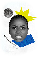 Vertical creative composite photo collage picture of angry furious mad girl get upset moon hit head ache on white background