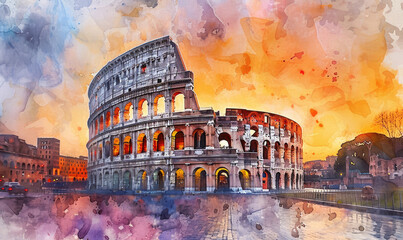 Watercolor Colosseum in Rome at sunrise, Italy, Europe - obrazy, fototapety, plakaty