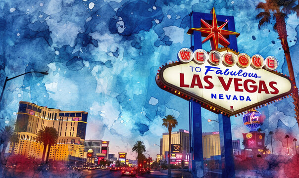 Watercolor Las Vegas, Nevada, USA at the Welcome to Las Vegas Sign at dusk