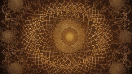 abstract fractal background _A dark gold mandala of sacred geometry on a chocolate brown background. Pentagons, suns,  