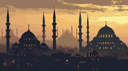 Silhouette of mosque in the city at night. - obrazy, fototapety, plakaty
