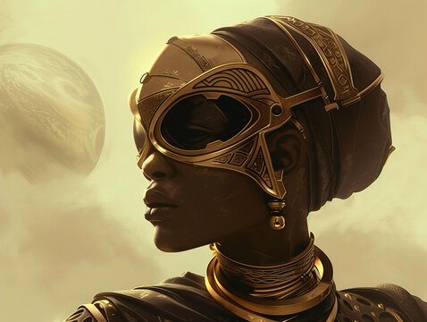 Create an intriguing fusion of African and futuristic elements to depict a powerful woman from another planet