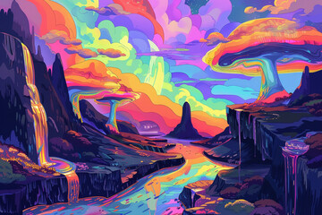 Design a background portraying a surreal and grotesque landscape infused with a vibrant rainbow palette - obrazy, fototapety, plakaty