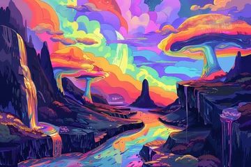 Foto op Canvas Design a background portraying a surreal and grotesque landscape infused with a vibrant rainbow palette © pprothien