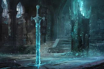 Fotobehang Design a captivating background for an art piece featuring a glass sword showcased in an armory © pprothien