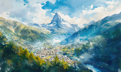Watercolor Zermatt town and Matterhorn mountain aerial panoramic view in the Valais canton of Switzerland - obrazy, fototapety, plakaty