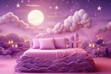 Cozy pink sofa in girly room with pink walls and cloud decorations