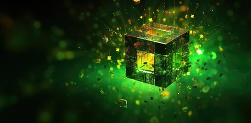 Blockchain, big data, information flow. Decentralized global database structure. 3D cube with nanotechnology in cyberspace