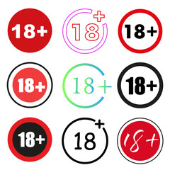18+ round red sign. Prohibition signs for persons under eighteen years of age. For adults only.