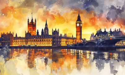 Watercolor London cityscape with Houses of Parliament and Big Ben tower at sunset, UK