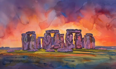 Watercolor Stonehenge at sunset in England